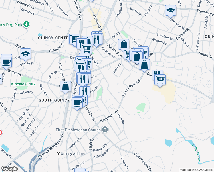 map of restaurants, bars, coffee shops, grocery stores, and more near 144 Phipps Street in Quincy