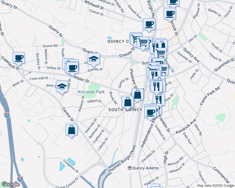 map of restaurants, bars, coffee shops, grocery stores, and more near 135 Quincy Street in Quincy