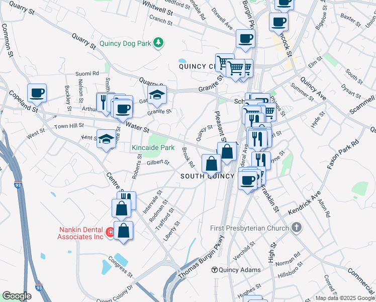 map of restaurants, bars, coffee shops, grocery stores, and more near 7 Intervale Street in Quincy