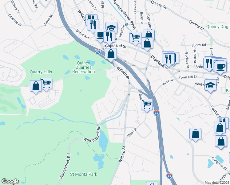 map of restaurants, bars, coffee shops, grocery stores, and more near 13 Malden Street in Quincy