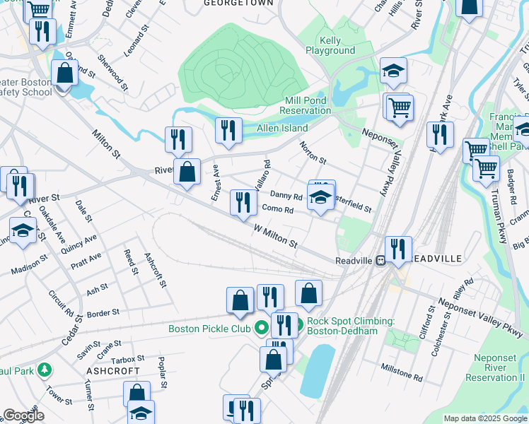 map of restaurants, bars, coffee shops, grocery stores, and more near 46 West Milton Street in Boston
