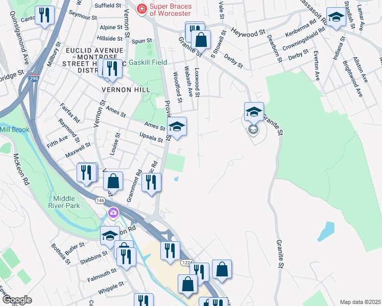 map of restaurants, bars, coffee shops, grocery stores, and more near 211 Providence Street in Worcester