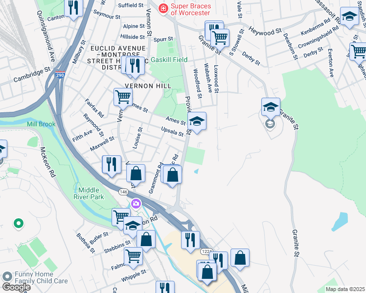 map of restaurants, bars, coffee shops, grocery stores, and more near in Worcester