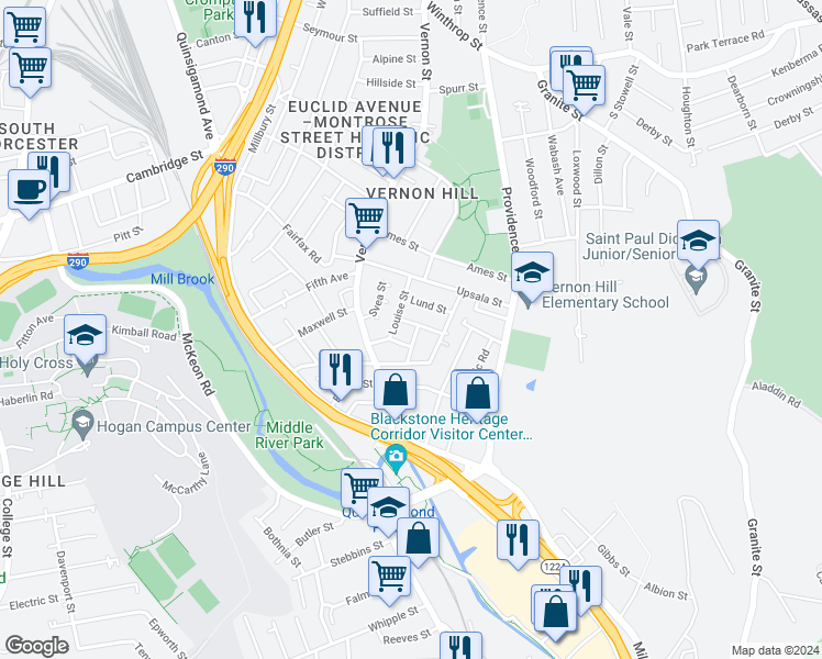 map of restaurants, bars, coffee shops, grocery stores, and more near 3 Rose Street in Worcester