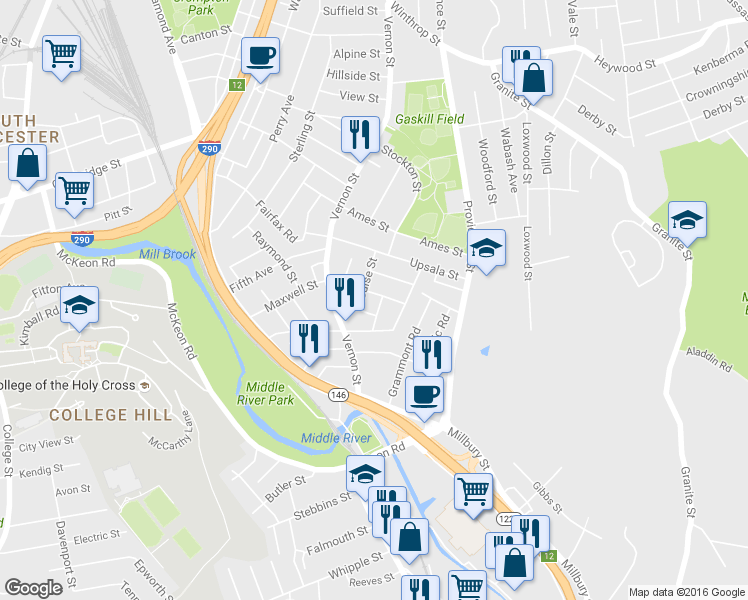 map of restaurants, bars, coffee shops, grocery stores, and more near 3 Rose Street in Worcester