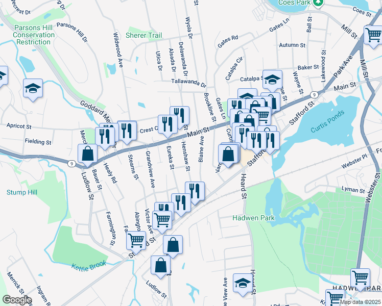 map of restaurants, bars, coffee shops, grocery stores, and more near 40 Henshaw Street in Worcester