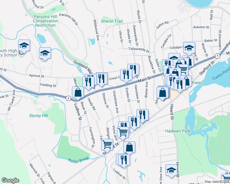 map of restaurants, bars, coffee shops, grocery stores, and more near 20 Grandview Avenue in Worcester