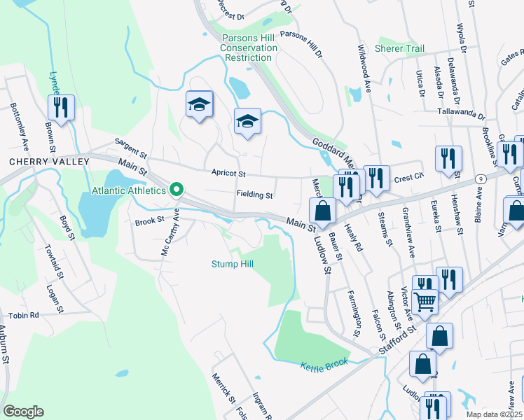 map of restaurants, bars, coffee shops, grocery stores, and more near in Worcester