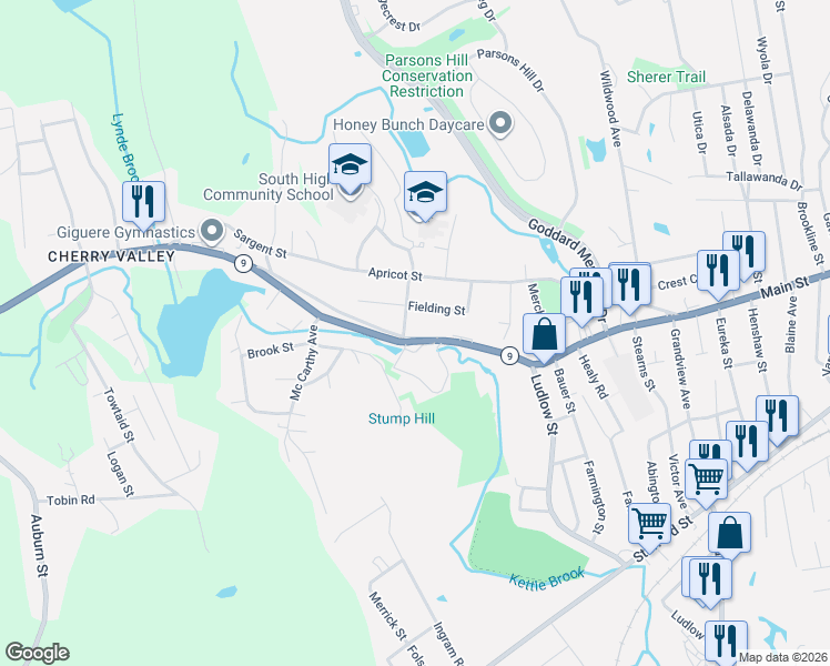 map of restaurants, bars, coffee shops, grocery stores, and more near 1541 Main Street in Worcester