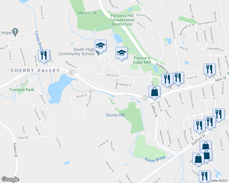 map of restaurants, bars, coffee shops, grocery stores, and more near 1541 Main Street in Worcester