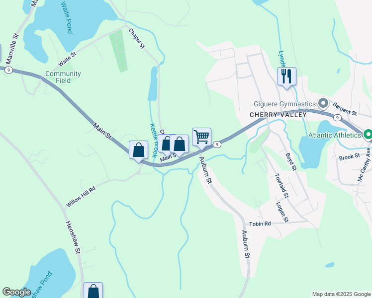 map of restaurants, bars, coffee shops, grocery stores, and more near 425 Main Street in Leicester