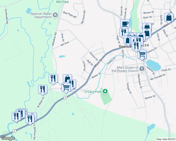 map of restaurants, bars, coffee shops, grocery stores, and more near 20 1/2 Main Street in Spencer