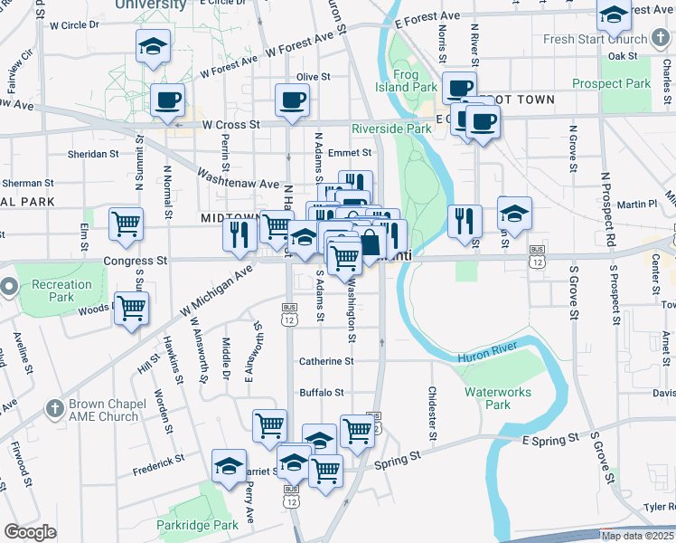 map of restaurants, bars, coffee shops, grocery stores, and more near 215 West Michigan Avenue in Ypsilanti