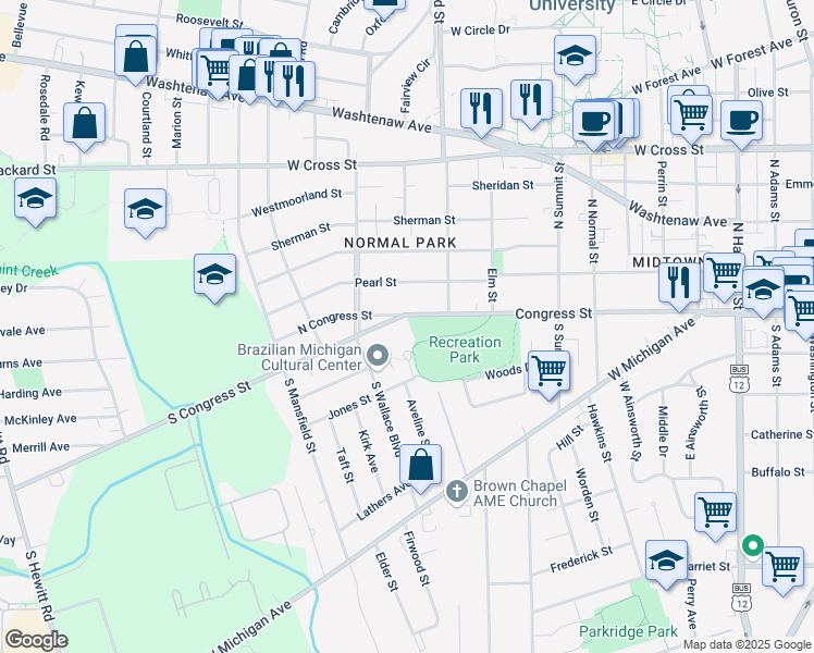 map of restaurants, bars, coffee shops, grocery stores, and more near 1125 South Congress Street in Ypsilanti