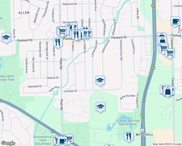 map of restaurants, bars, coffee shops, grocery stores, and more near 3395 La Salle Drive in Ann Arbor