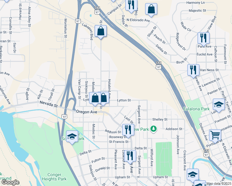 map of restaurants, bars, coffee shops, grocery stores, and more near 2142 Ohio Avenue in Klamath Falls