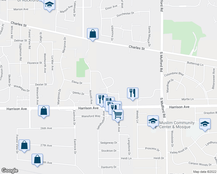 map of restaurants, bars, coffee shops, grocery stores, and more near 5466 Mapleleaf Circle in Rockford