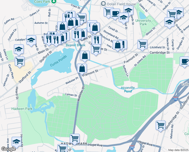 map of restaurants, bars, coffee shops, grocery stores, and more near 4 Delaware Street in Worcester