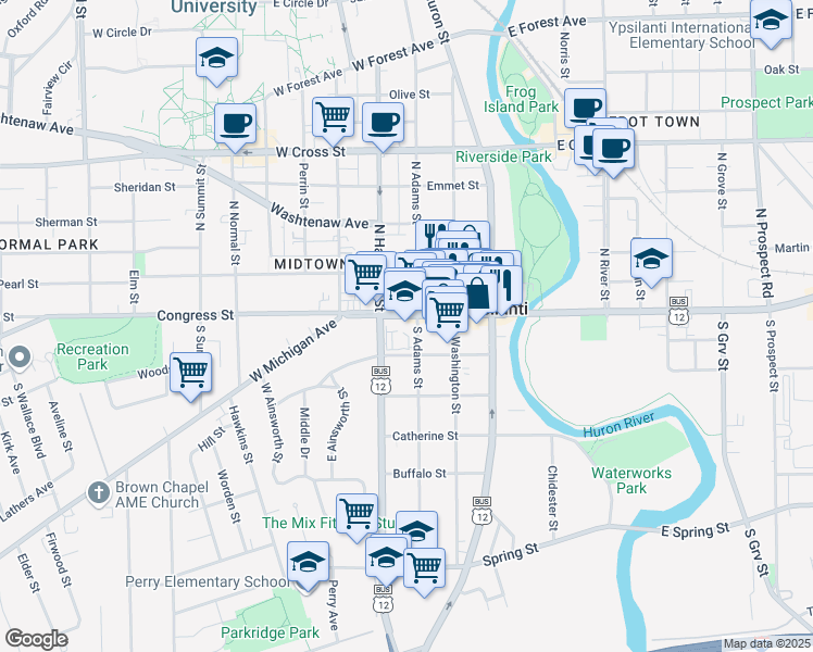 map of restaurants, bars, coffee shops, grocery stores, and more near 218 Ferris Street in Ypsilanti