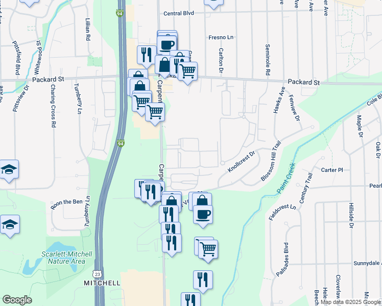 map of restaurants, bars, coffee shops, grocery stores, and more near 4141 Green Meadows Boulevard in Ypsilanti