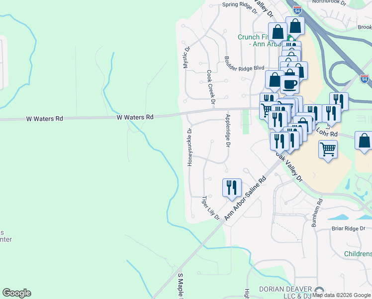 map of restaurants, bars, coffee shops, grocery stores, and more near 3152 Honeysuckle Drive in Ann Arbor