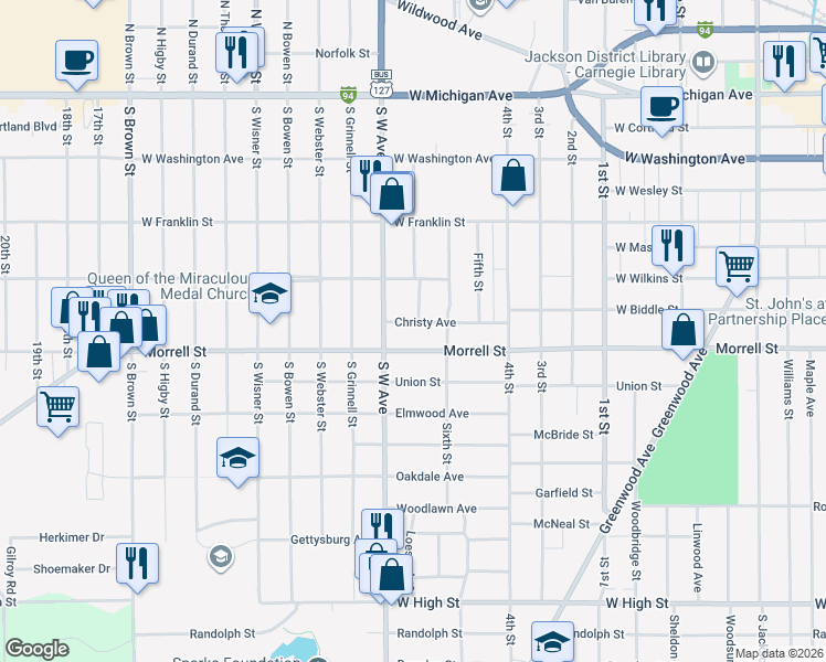 map of restaurants, bars, coffee shops, grocery stores, and more near 745 West Morrell Street in Jackson