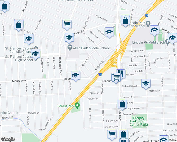 map of restaurants, bars, coffee shops, grocery stores, and more near 2179 Schultz Street in Lincoln Park