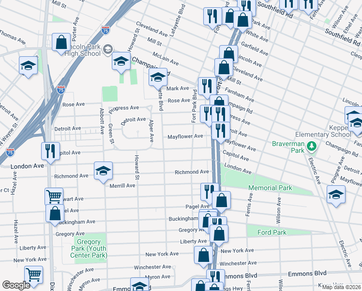 map of restaurants, bars, coffee shops, grocery stores, and more near 3122 Fort Park Boulevard in Lincoln Park