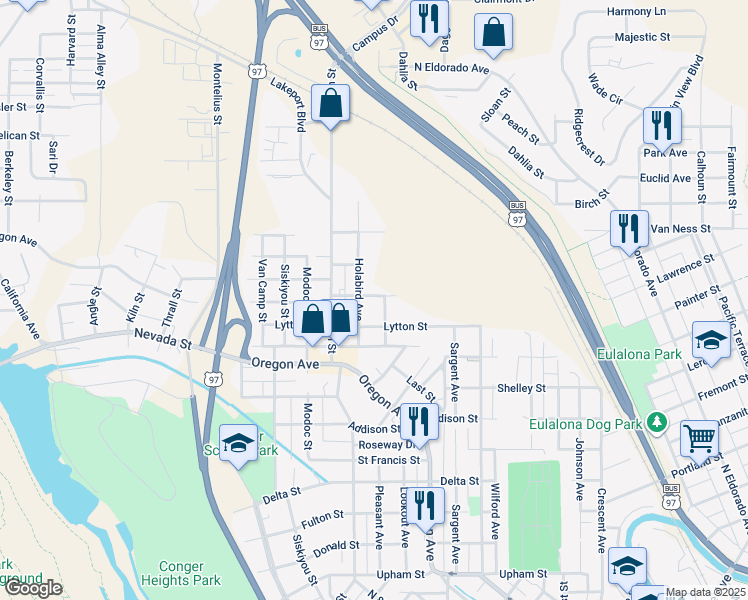 map of restaurants, bars, coffee shops, grocery stores, and more near 622 East Lowell Street in Klamath Falls