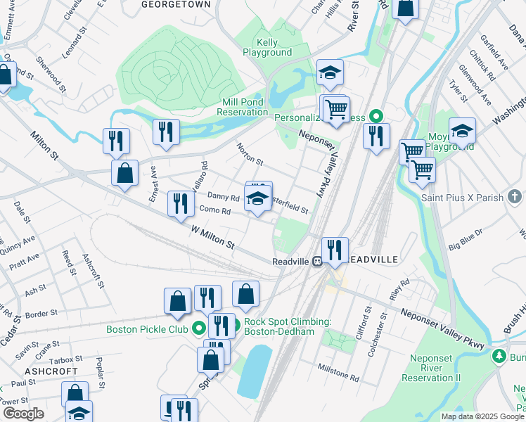 map of restaurants, bars, coffee shops, grocery stores, and more near 10 Danny Road in Boston