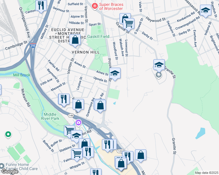 map of restaurants, bars, coffee shops, grocery stores, and more near 211 Providence Street in Worcester