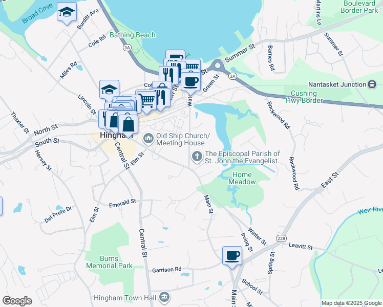 map of restaurants, bars, coffee shops, grocery stores, and more near 162 Main Street in Hingham