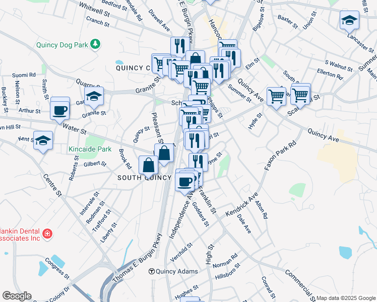 map of restaurants, bars, coffee shops, grocery stores, and more near 46 Presidents Avenue in Quincy