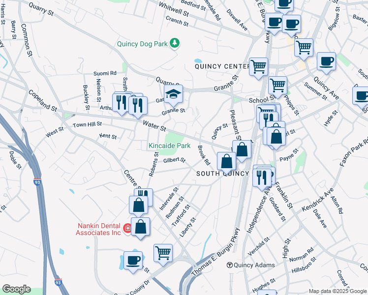 map of restaurants, bars, coffee shops, grocery stores, and more near 59-65 Gilbert Street in Quincy