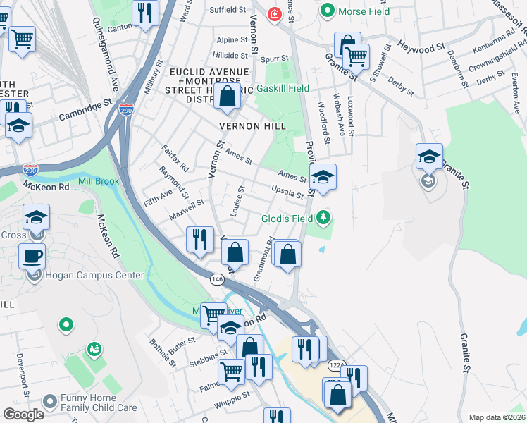 map of restaurants, bars, coffee shops, grocery stores, and more near 50 Esther Street in Worcester
