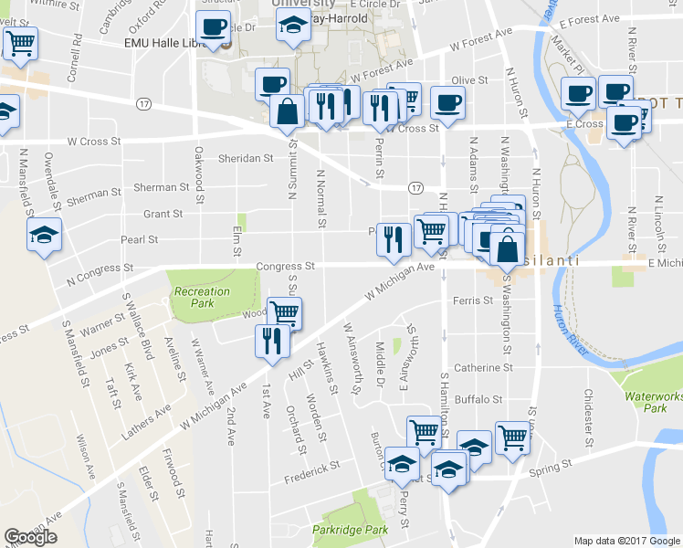 map of restaurants, bars, coffee shops, grocery stores, and more near 706 West Michigan Avenue in Ypsilanti