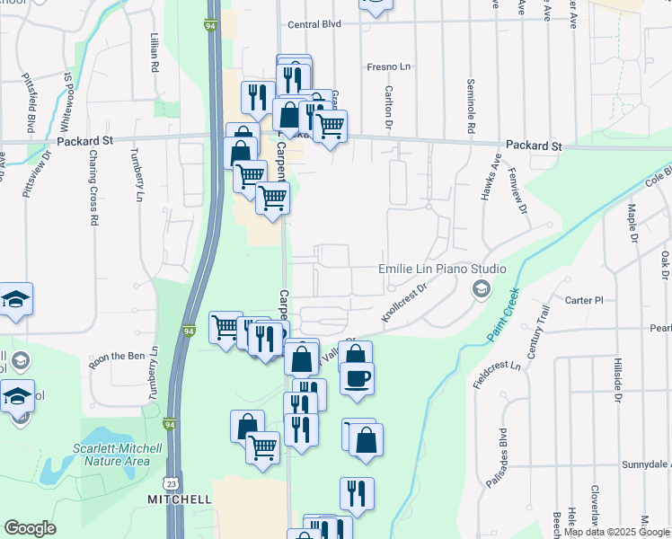 map of restaurants, bars, coffee shops, grocery stores, and more near 4113 Chester Drive in Ypsilanti