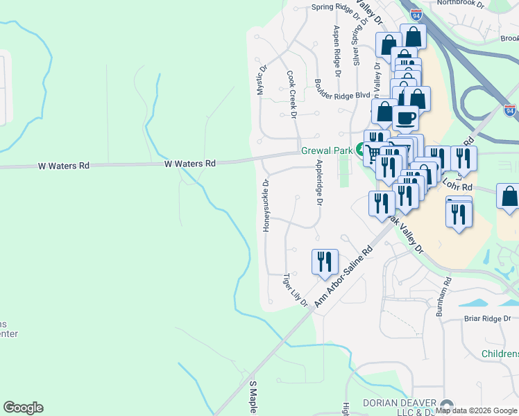 map of restaurants, bars, coffee shops, grocery stores, and more near 2419 Appleridge Drive in Ann Arbor