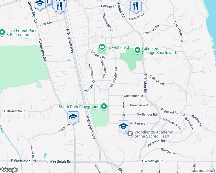 map of restaurants, bars, coffee shops, grocery stores, and more near 23 Washington Road in Lake Forest