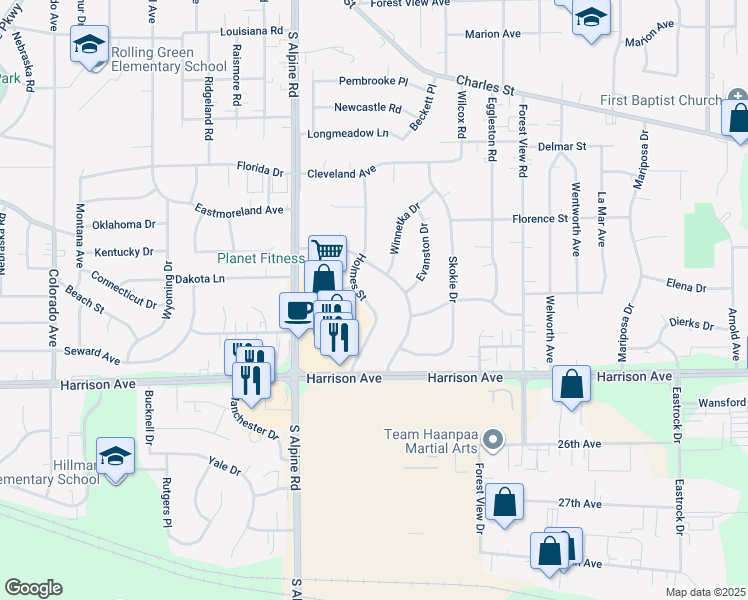 map of restaurants, bars, coffee shops, grocery stores, and more near 2502 Holmes Street in Rockford