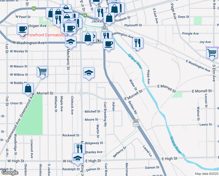 map of restaurants, bars, coffee shops, grocery stores, and more near 405 East Biddle Street in Jackson