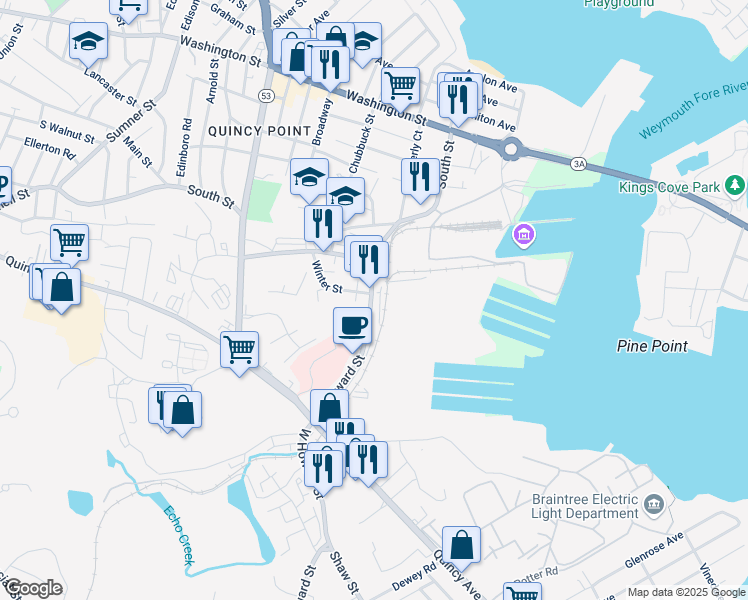 map of restaurants, bars, coffee shops, grocery stores, and more near 115 East Howard Street in Quincy