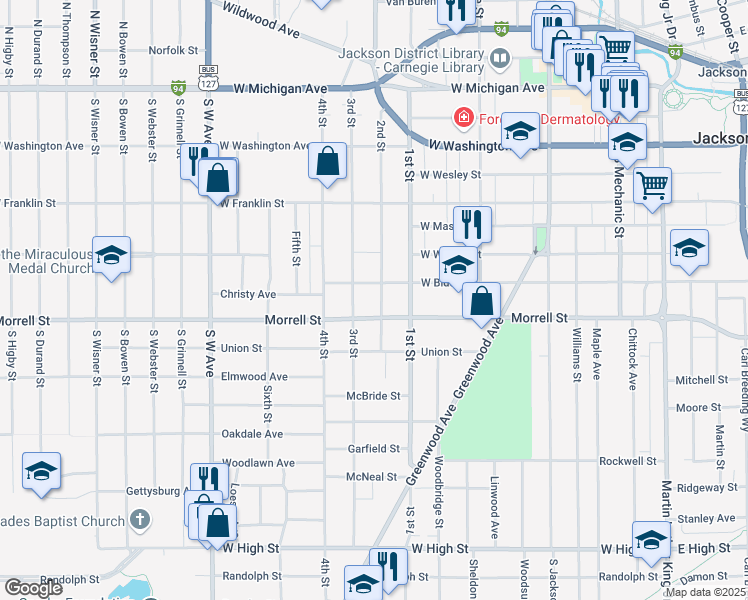 map of restaurants, bars, coffee shops, grocery stores, and more near 808 2nd Street in Jackson