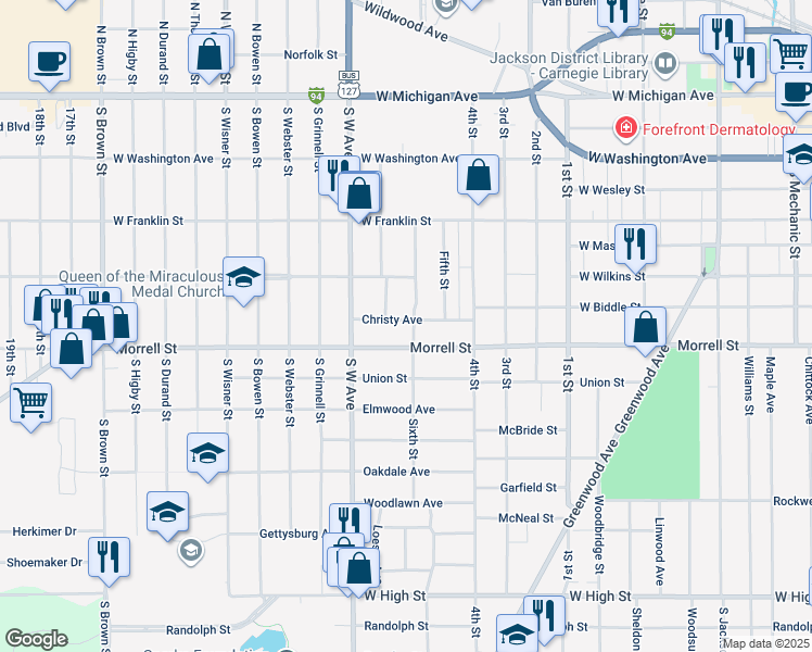 map of restaurants, bars, coffee shops, grocery stores, and more near 729 Christy Avenue in Jackson