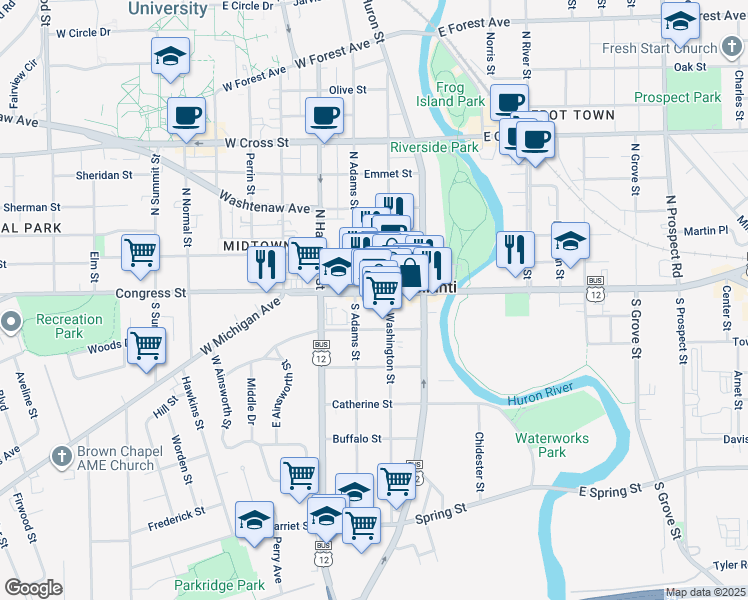 map of restaurants, bars, coffee shops, grocery stores, and more near 215 West Michigan Avenue in Ypsilanti