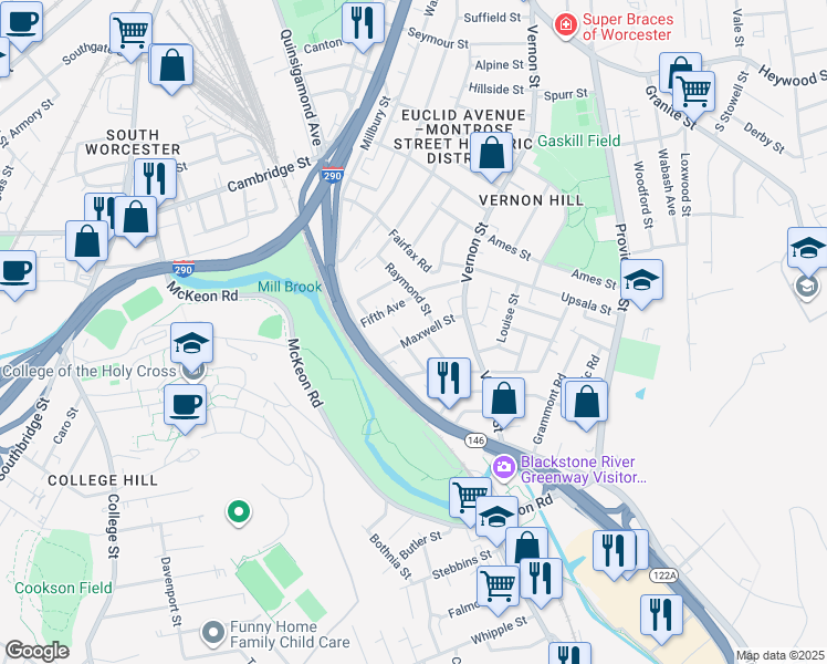 map of restaurants, bars, coffee shops, grocery stores, and more near 12 Maxwell Street in Worcester