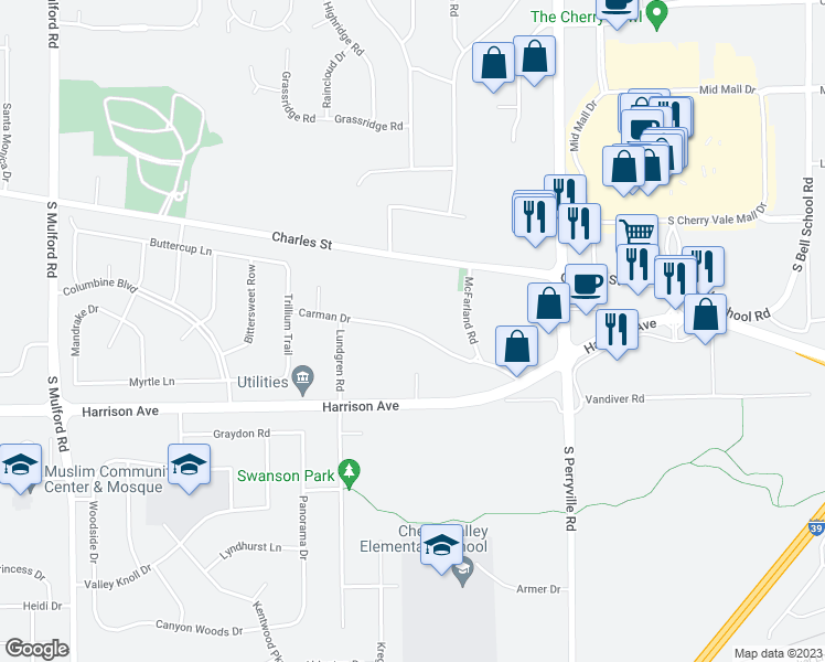 map of restaurants, bars, coffee shops, grocery stores, and more near 6667 Carman Drive in Rockford