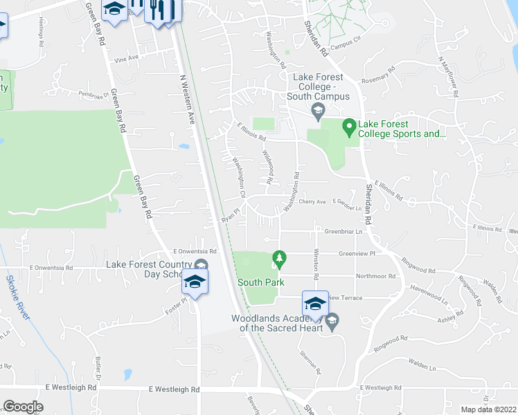 map of restaurants, bars, coffee shops, grocery stores, and more near 43 Washington Circle in Lake Forest