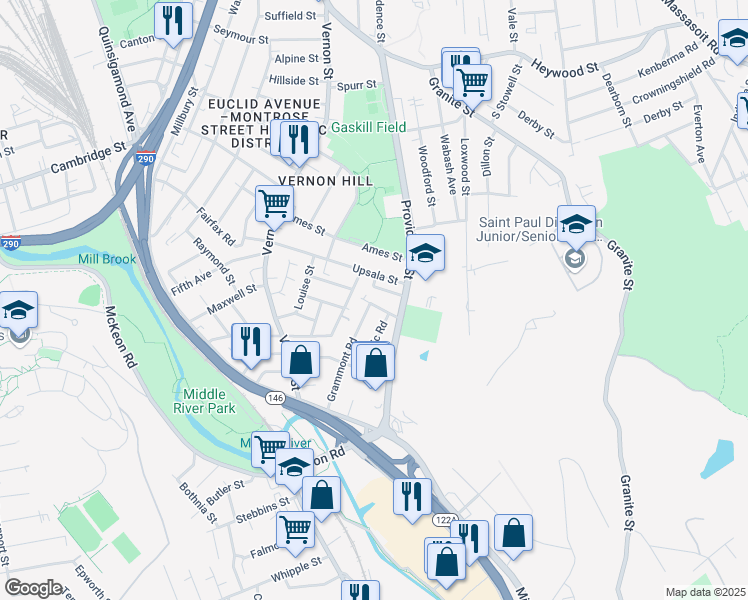 map of restaurants, bars, coffee shops, grocery stores, and more near 12 Doane Street in Worcester