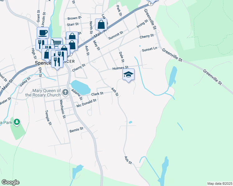 map of restaurants, bars, coffee shops, grocery stores, and more near 73 Ash Street in Spencer